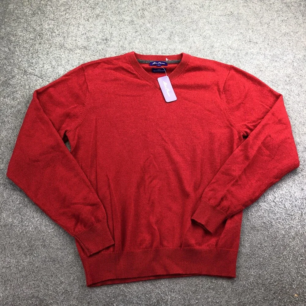 Alan Flusser Sweater Mens Medium Red 2 Ply Cashmere V Neck Knit Pullover Top